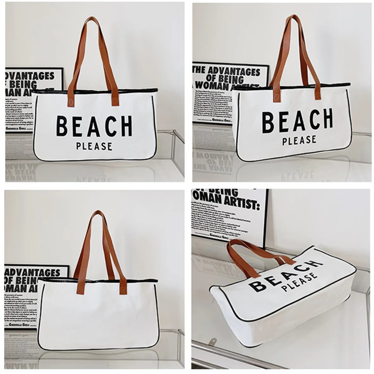Canvas Tote Bag with Leather Handle, custom tote bag with logo imprint 1