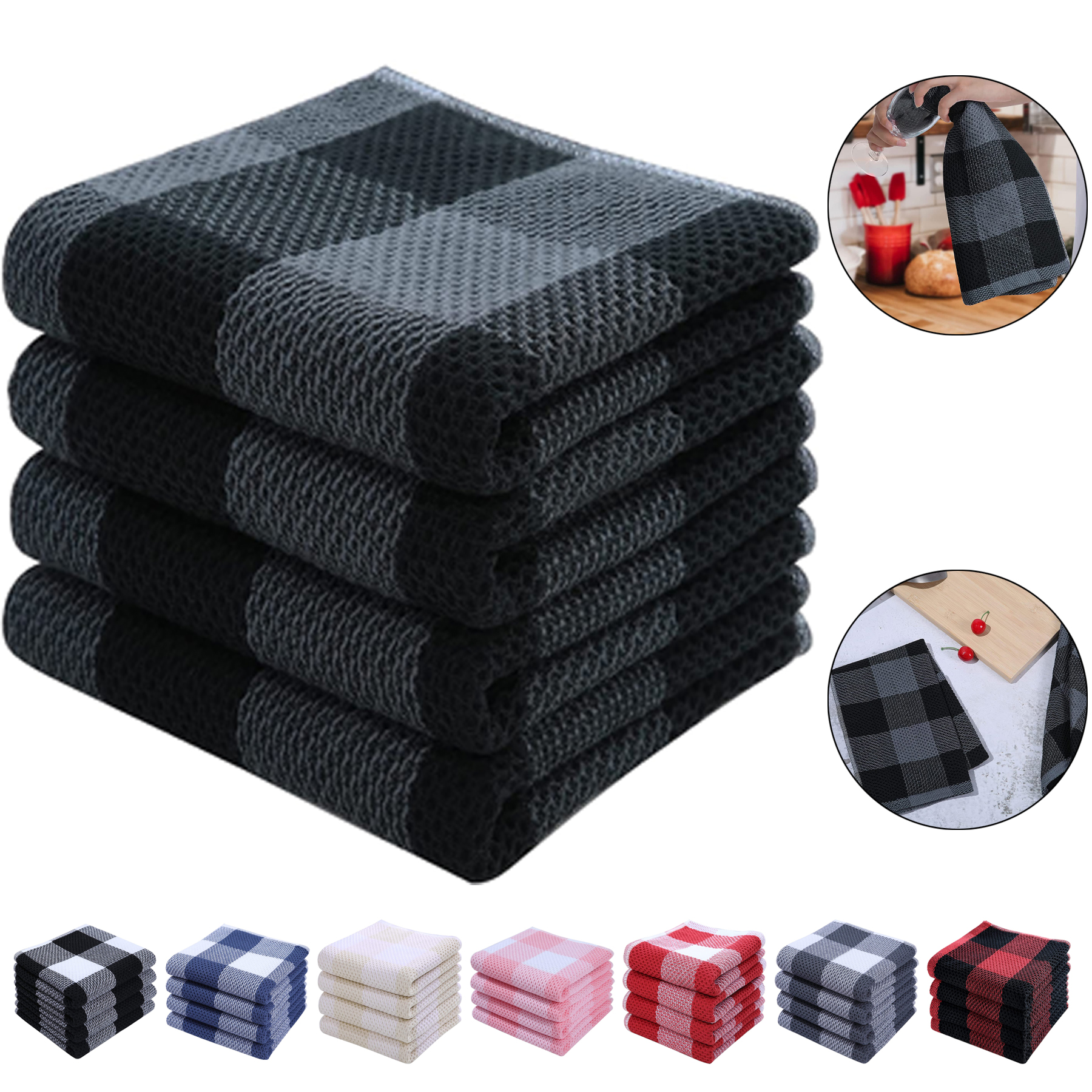 100% Cotton Waffle Weave Check Plaid Kitchen Towels 2