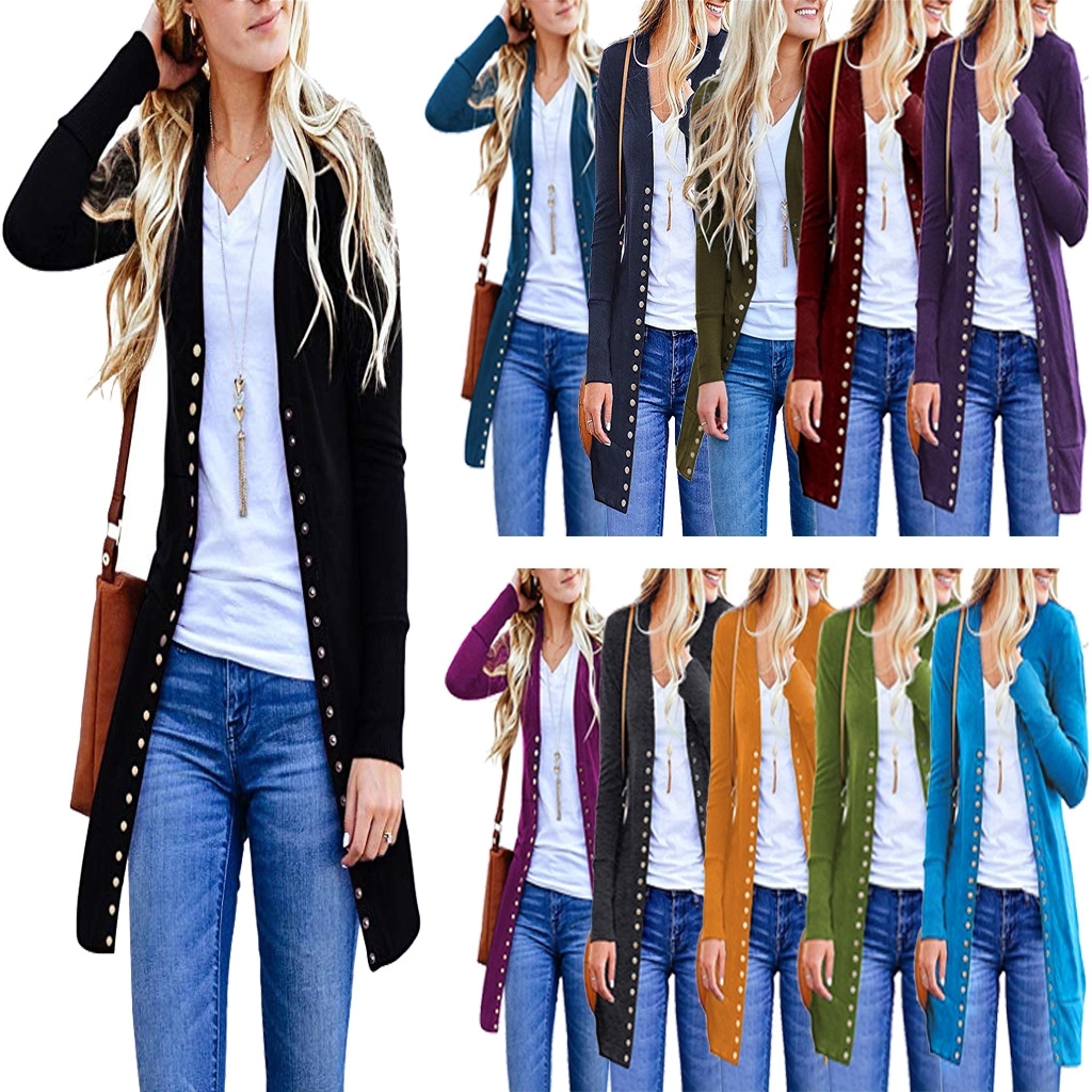 Women's Long Snap Button Down Knit Cardigans 2