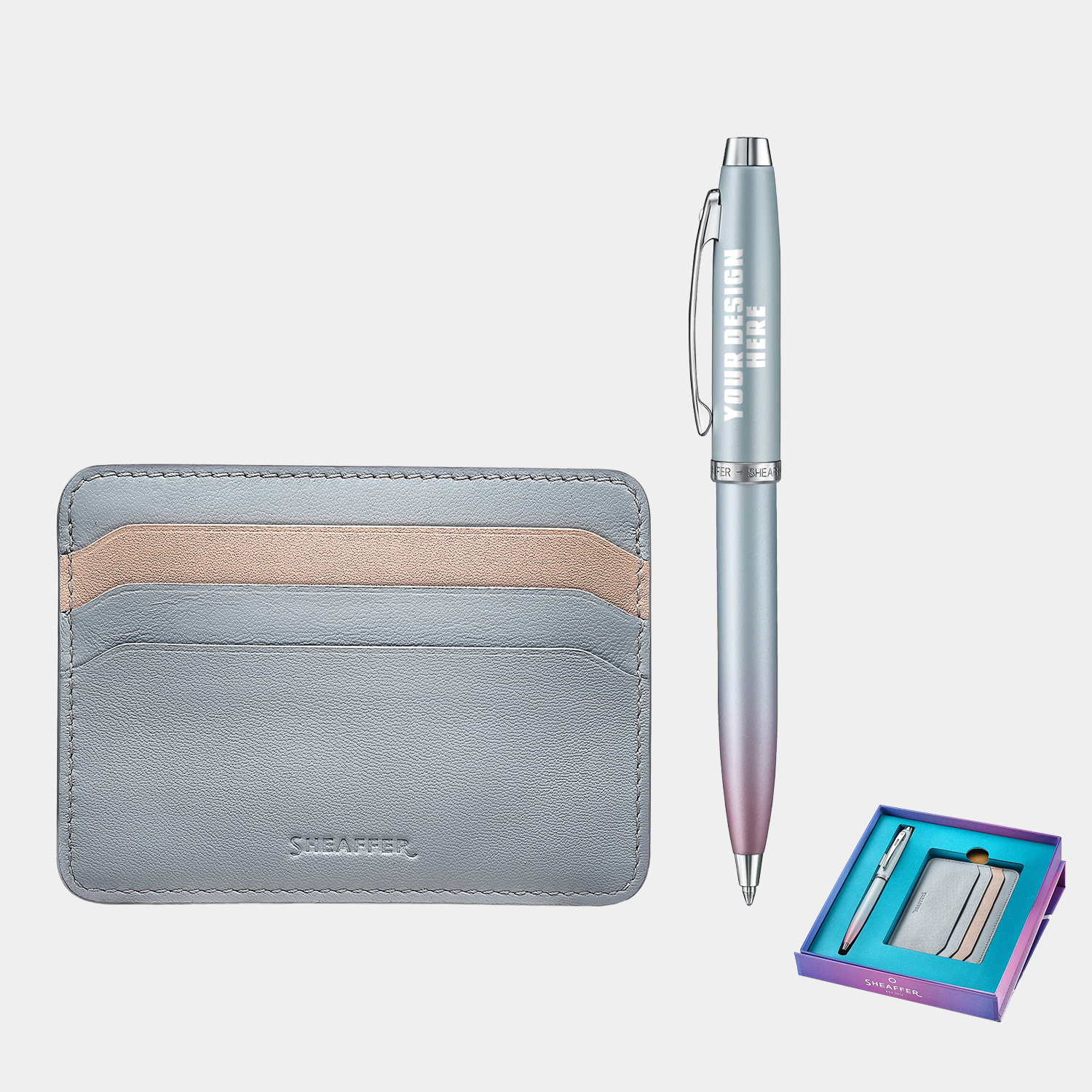 SHEAFFER® Executive Gift Set 100 9376 Blue and Pink Pearlised Gradient Ballpoint Pen with Genuine Leather Card Holder 8