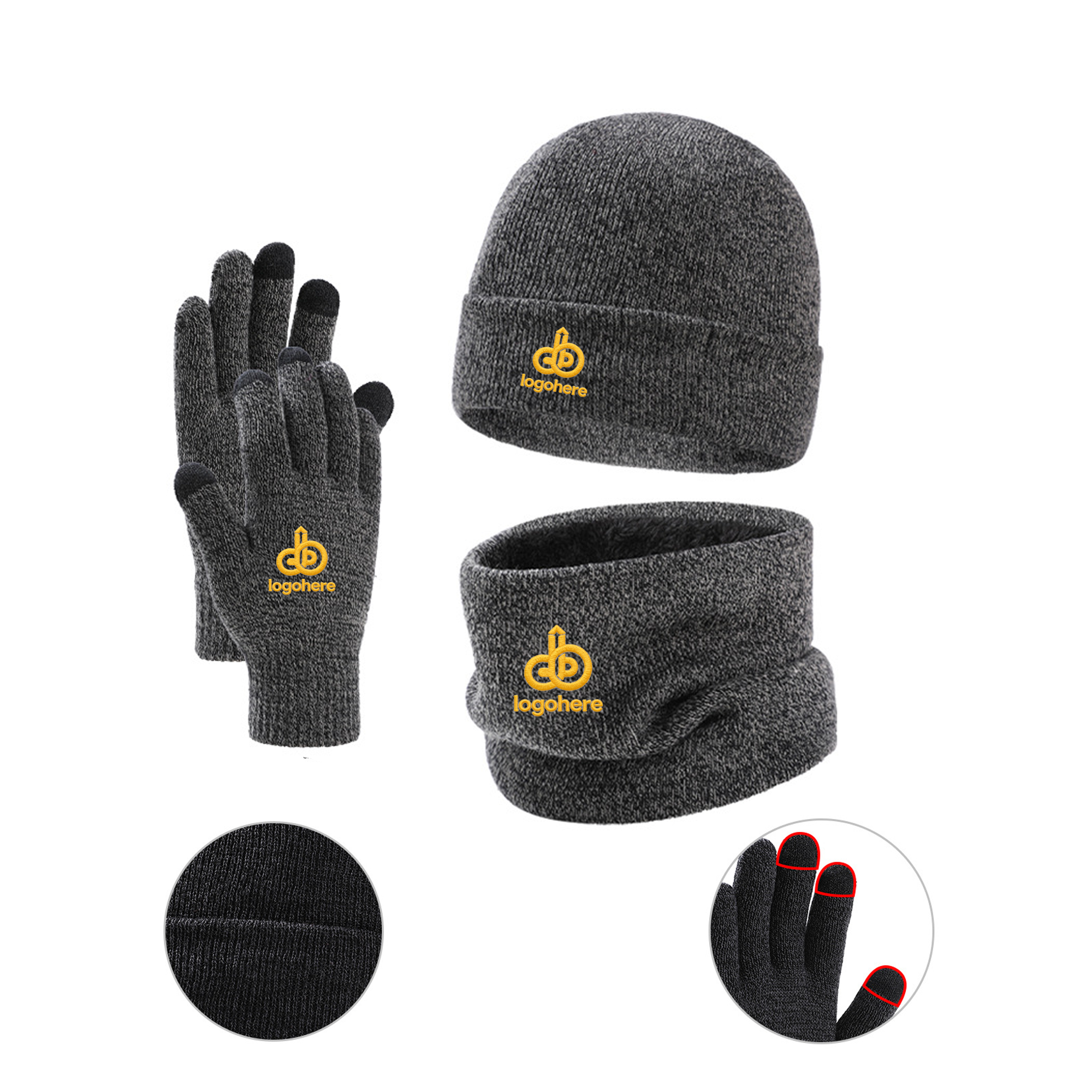 MOQ 20 Winter Knit Hat Scarf Touchscreen Gloves Set 2