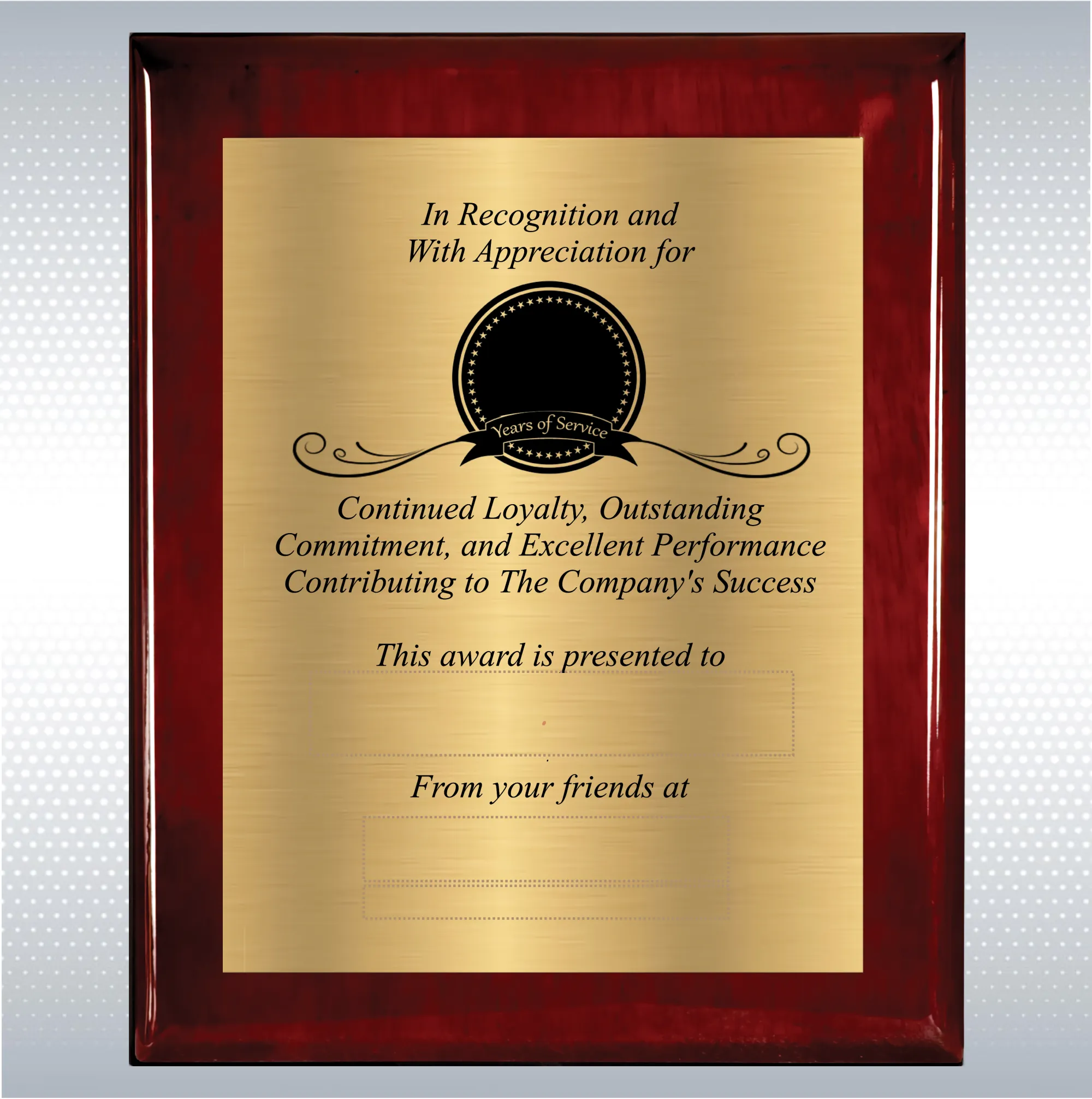 Rosewood Piano Finish Wood Plaque  Years of Service Award 10