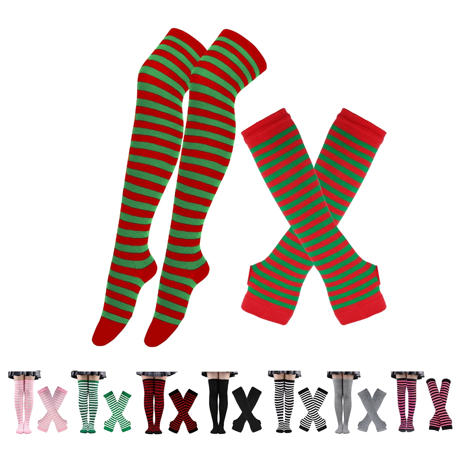 Womens Rainbow Socks Striped Knee Arm Gloves Set 5