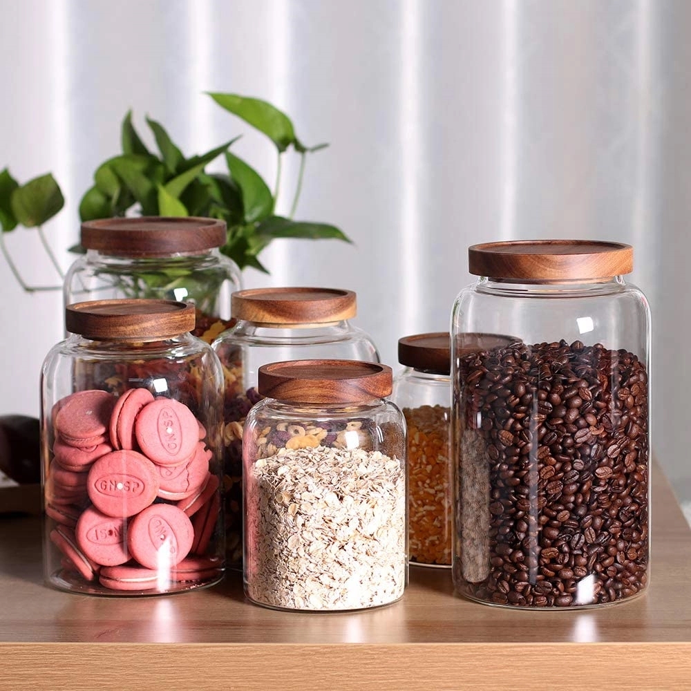 Thicken Glass Storage Jar Food Container With Wooden Lid 4