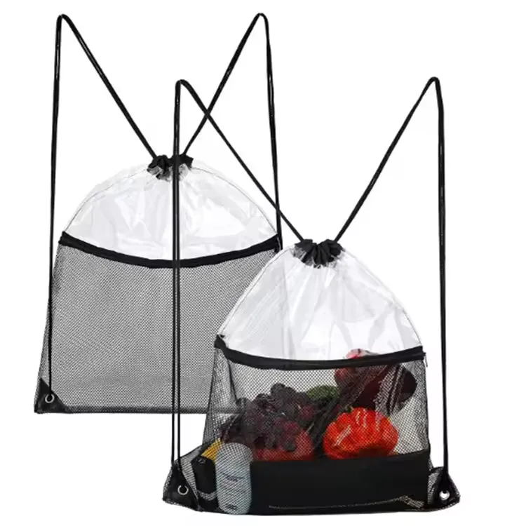 Clear PVC Drawstring Cinch Sack Backpack With Front Zipper 2