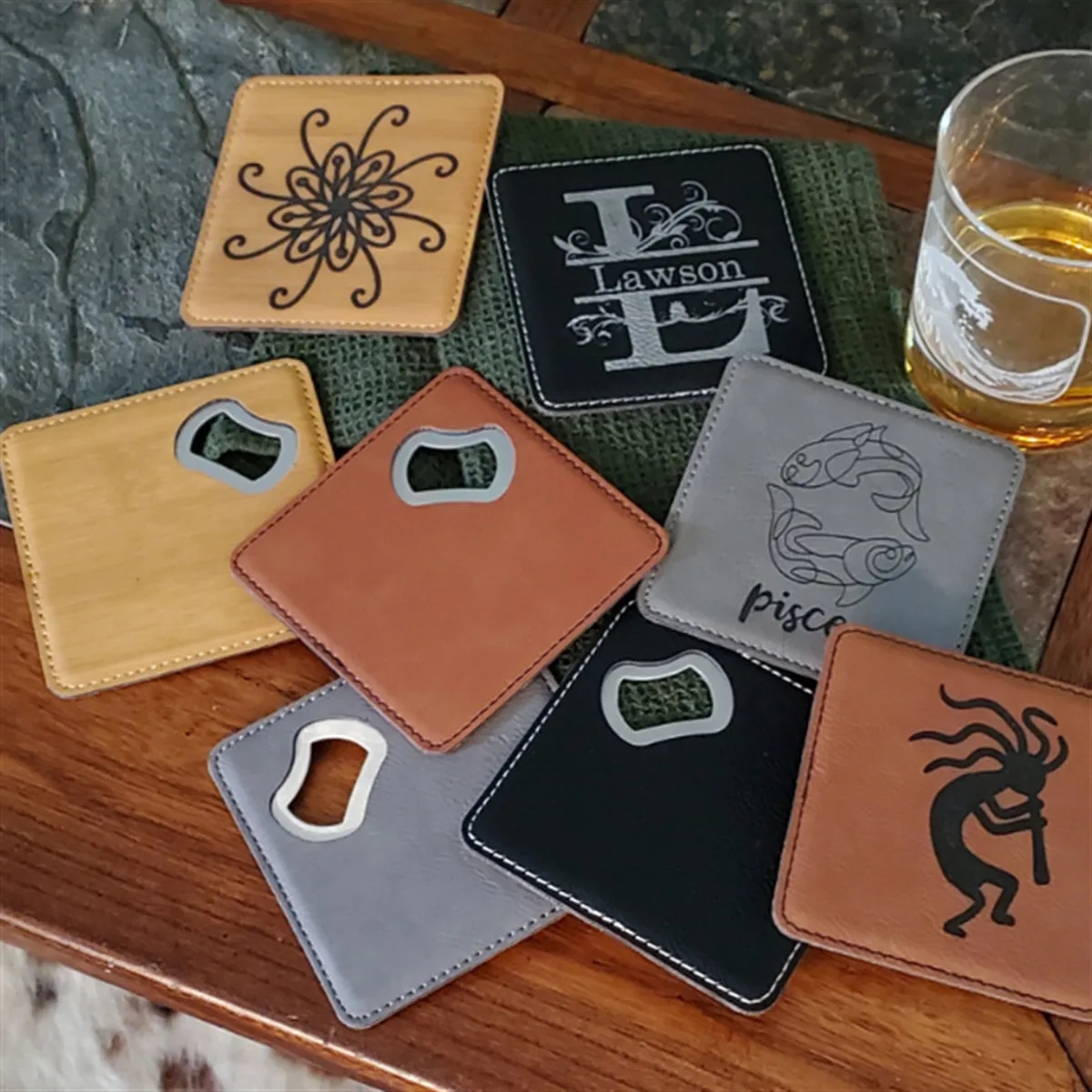 Custom Engraved Leatherette Coaster With Bottle Opener 5