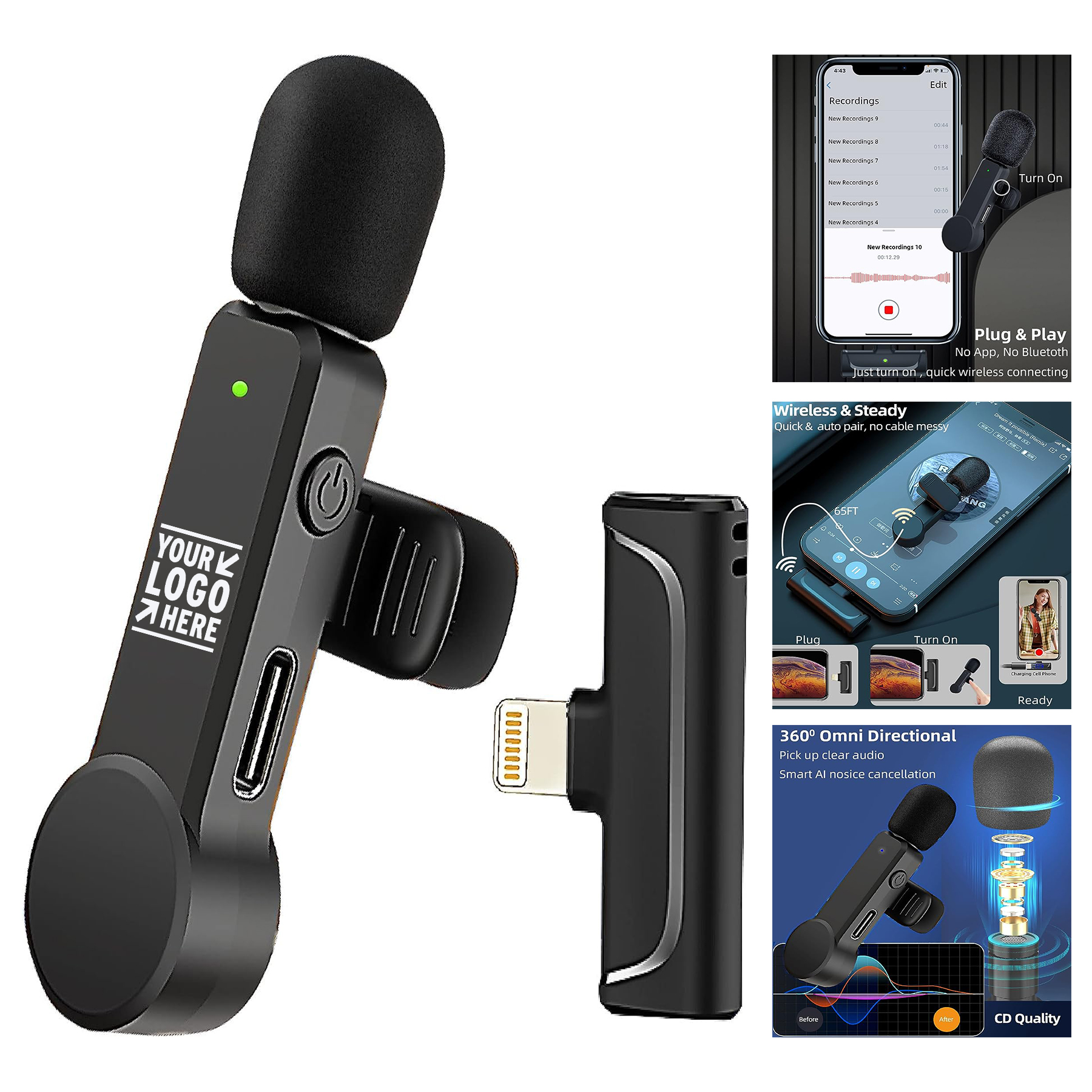 iPhone iPad Lav Mic 10H Battery Lapel Noise Canceling Lavalier Wireless Interview Microphone