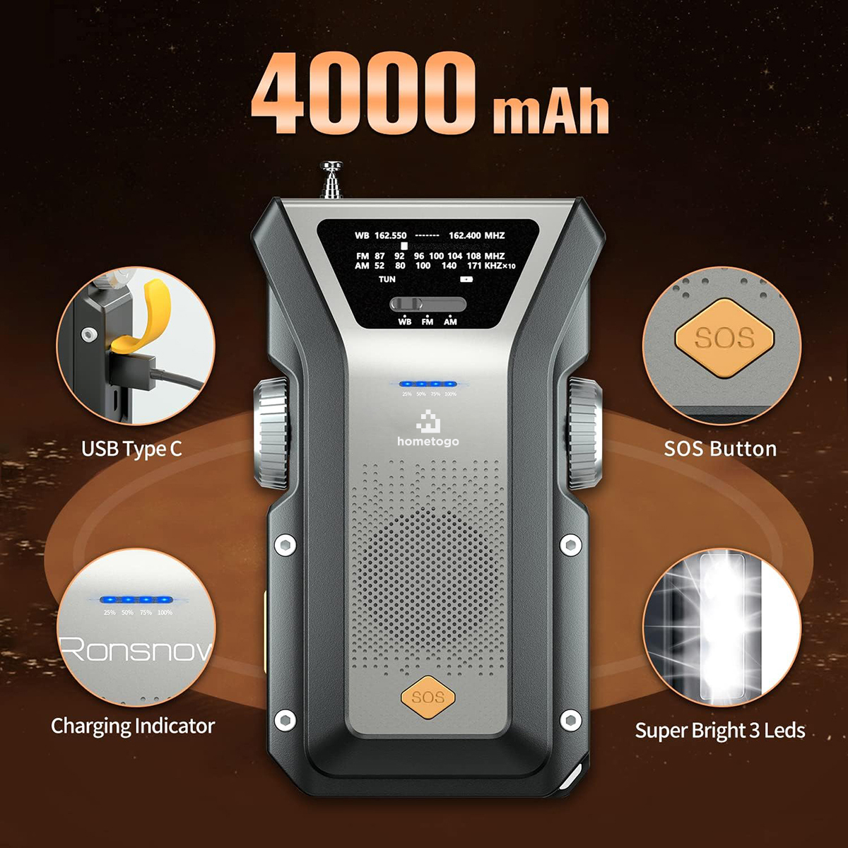 ResQ Emergency Weather Radio with Hand Crank, Solar, and 4000mAh Portable Phone Charger 11