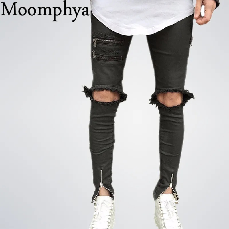 Men's Distressed Biker Jeans with Side Zip and Broken Holes 3