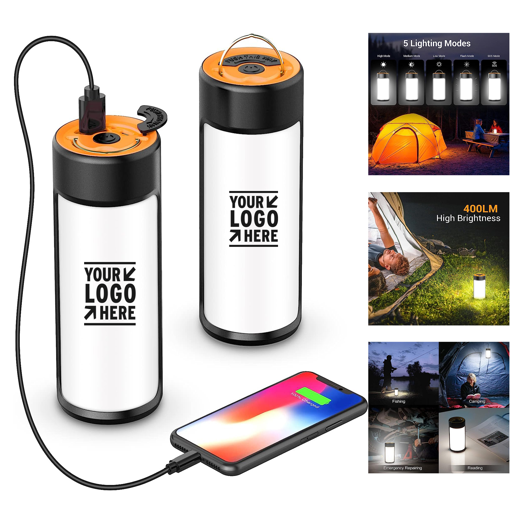 400LM 5 Light Modes Water-Resistant Portable Tent Rechargeable LED Camping Light 