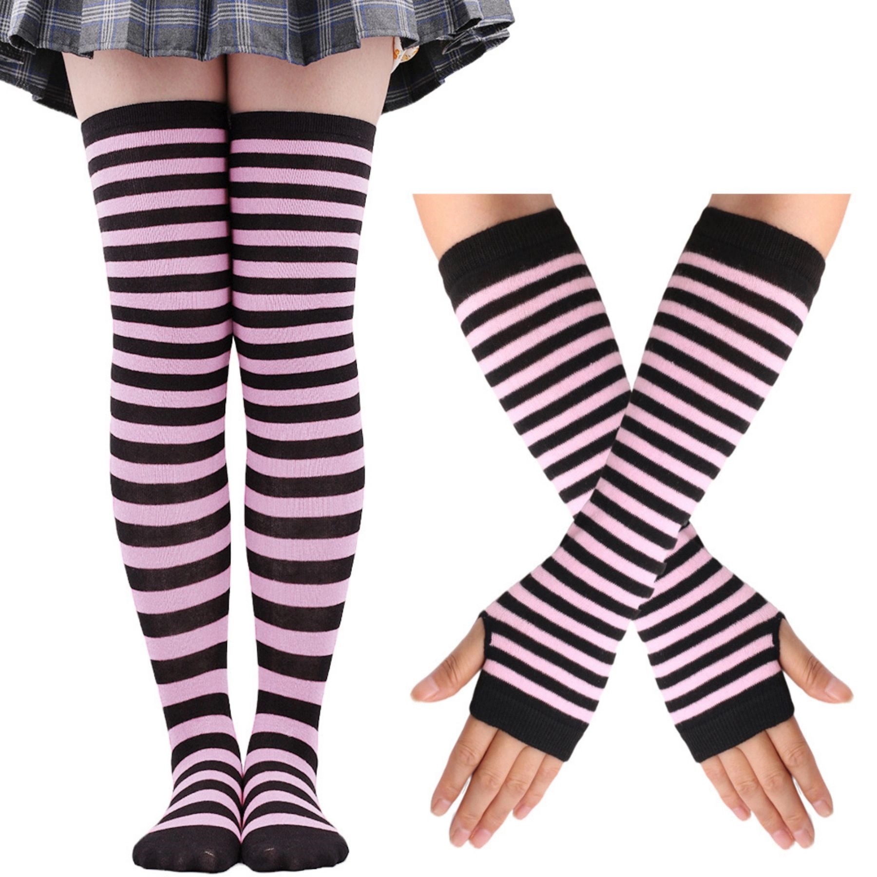 Womens Rainbow Socks Striped Knee Arm Gloves Set 7