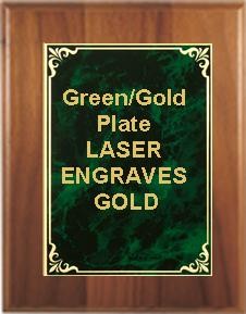 6" x 8" Cherry Finish Plaque with a Green/Gold Aluminum High Relief Plate 1
