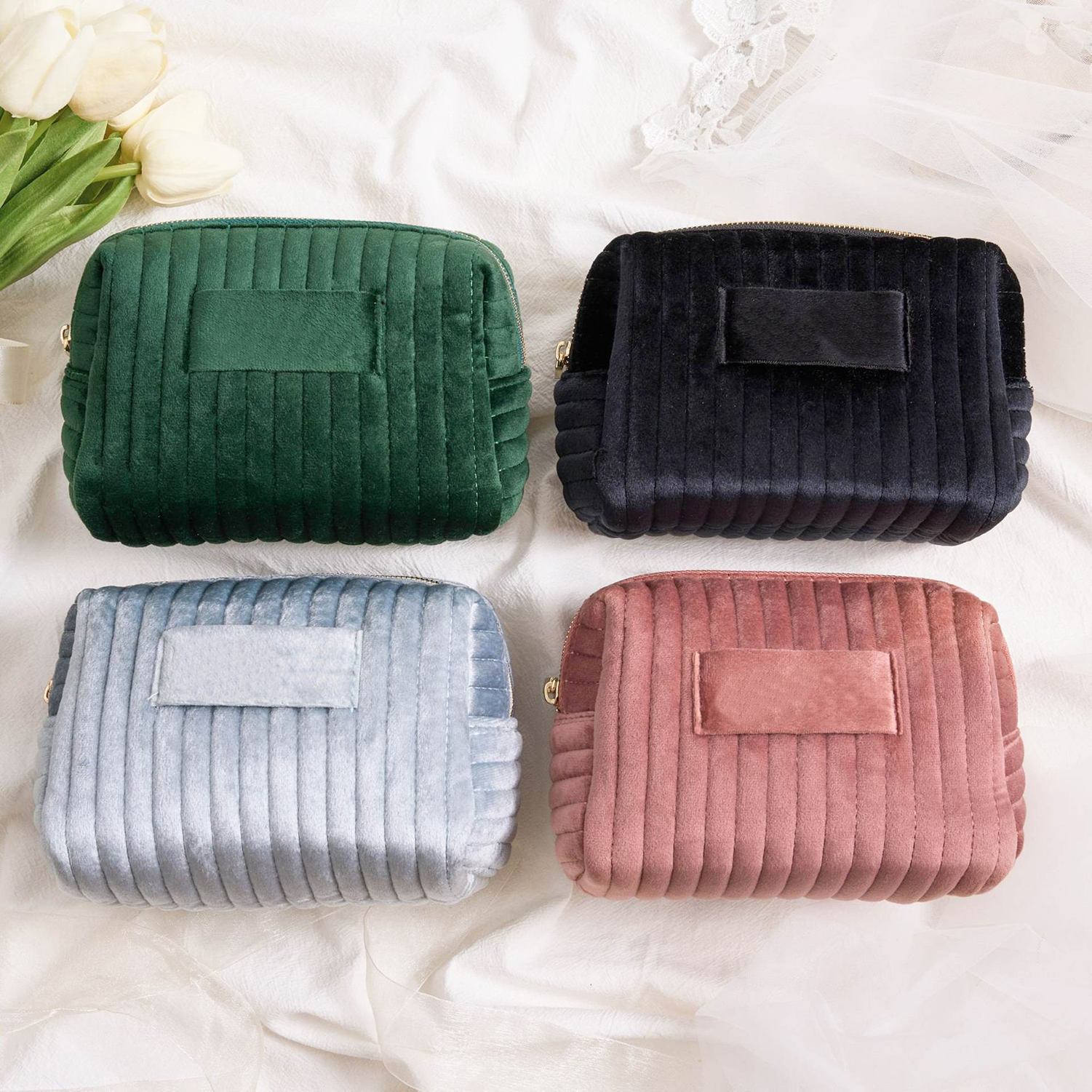 Velvet Travel Toiletry Quilted Makeup Organizer Cosmetic Bag 3