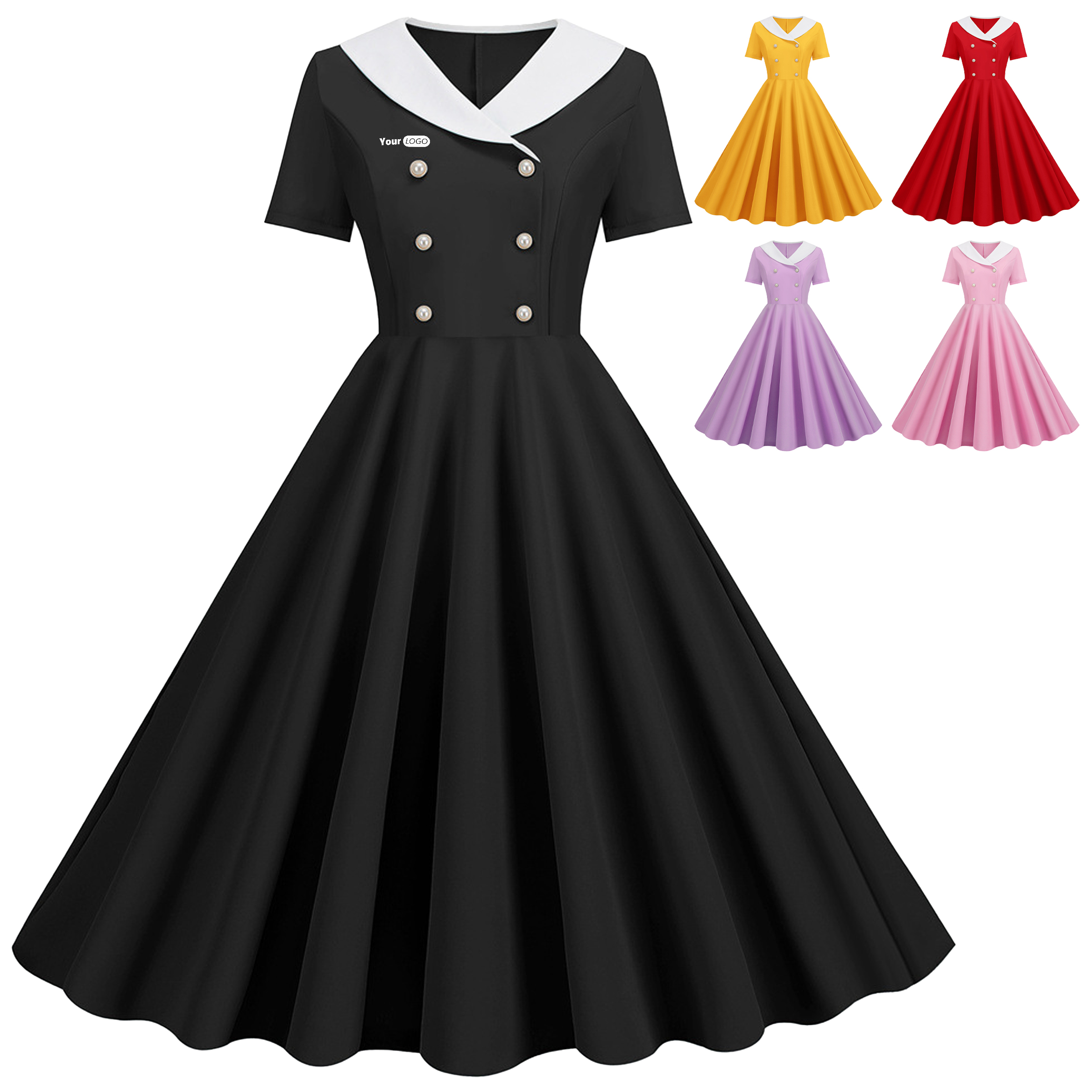 Polyester Fashionable V-Neck Double Breasted Dress 2