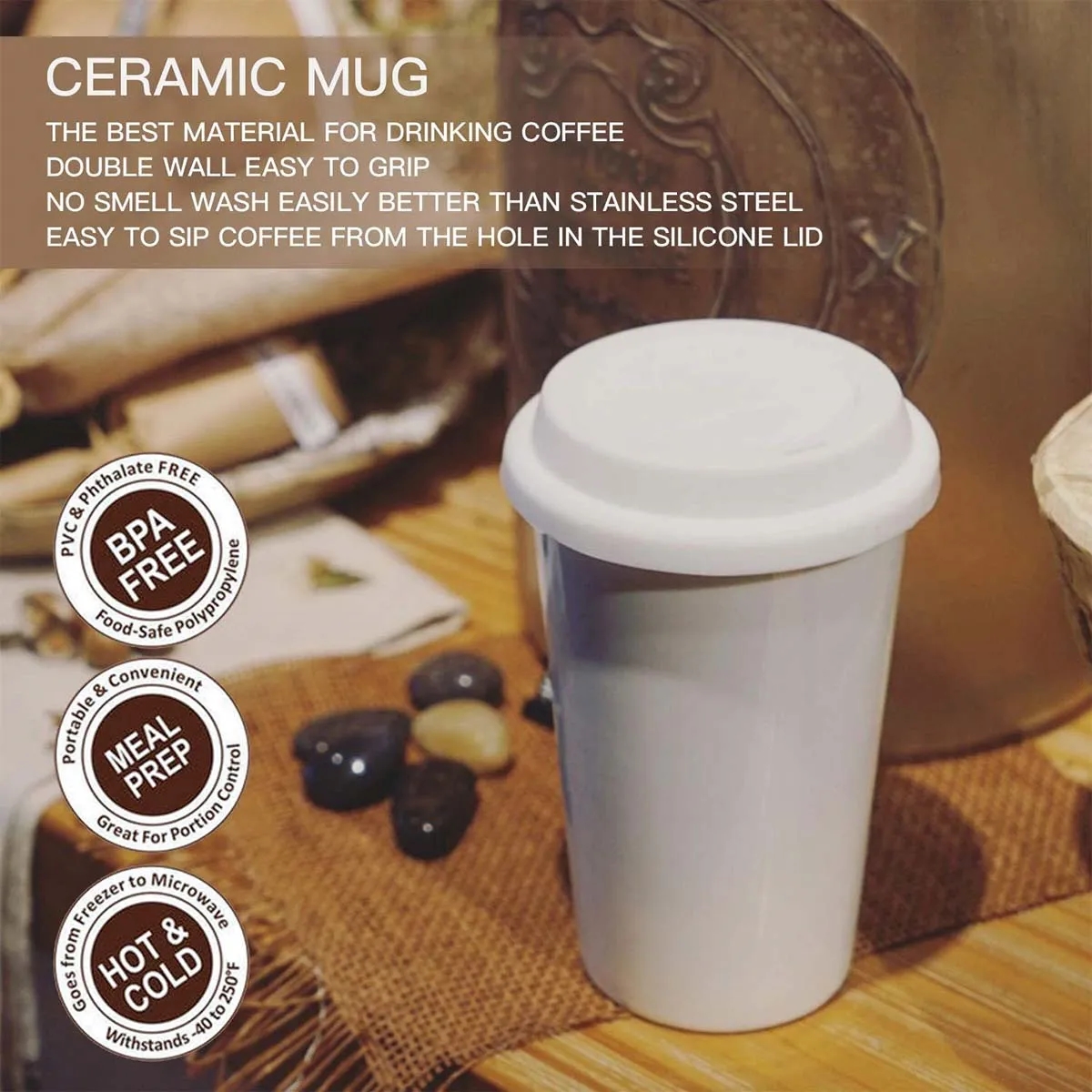 Reusable White Ceramic Travel Coffee Cup with Lid & Sleeve 6
