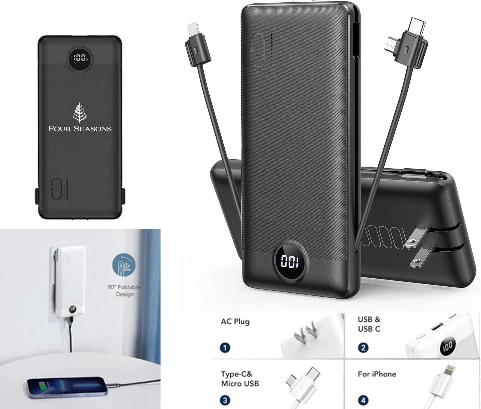 iBank ® Power Bank with Built-In Cables, Retractable AC Wall Plug, and LED Battery Display, 10000mAh 1