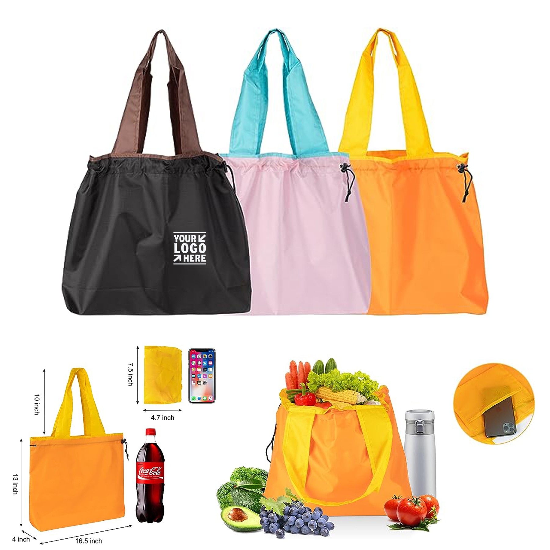 Colorful Washable Foldable Shopping Reusable Grocery Lightweight Tote Bag, custom tote bag with logo imprint 3