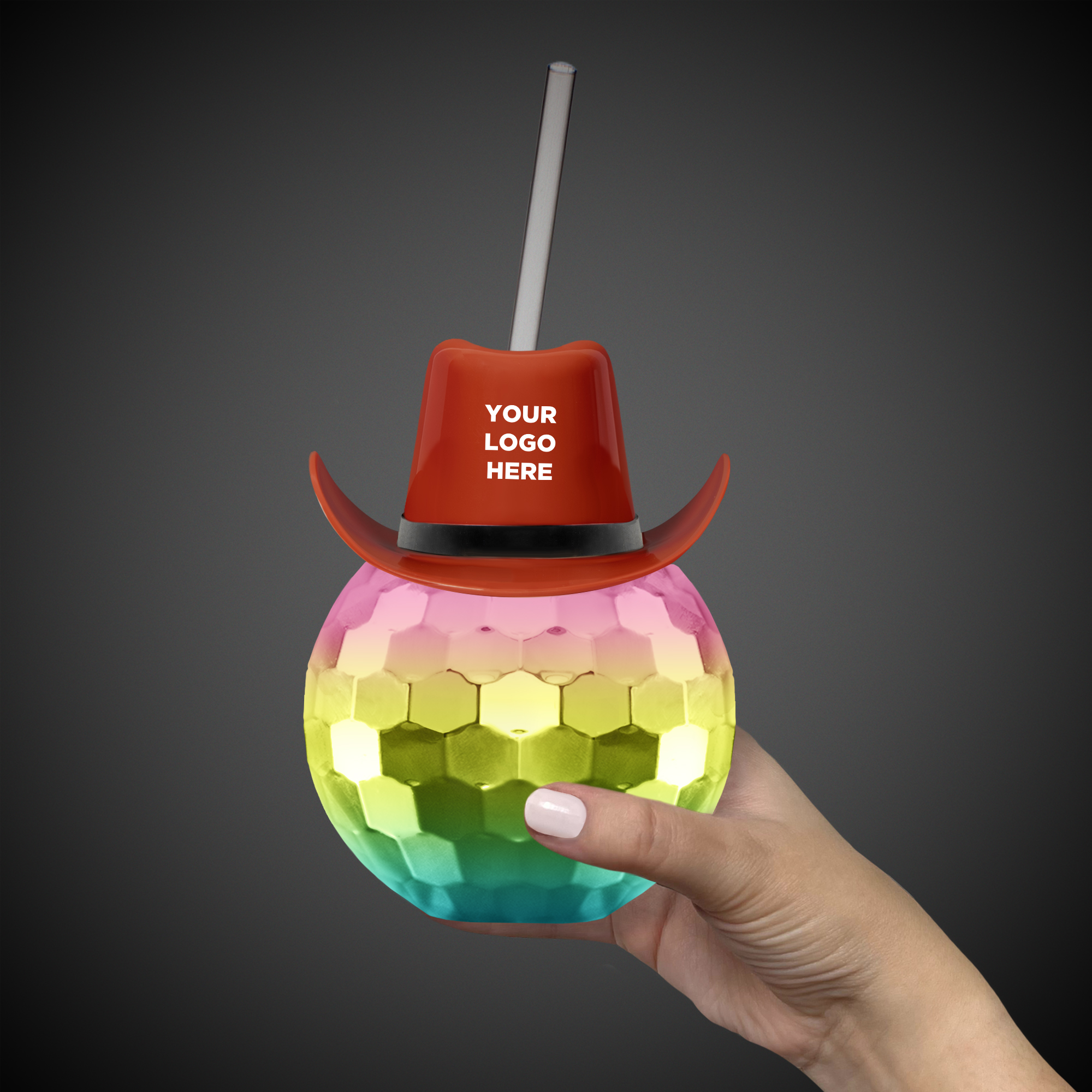 Disco Ball Cup Rainbow w/Straw and Brown Hat(hat not assembled)(Imprintable)