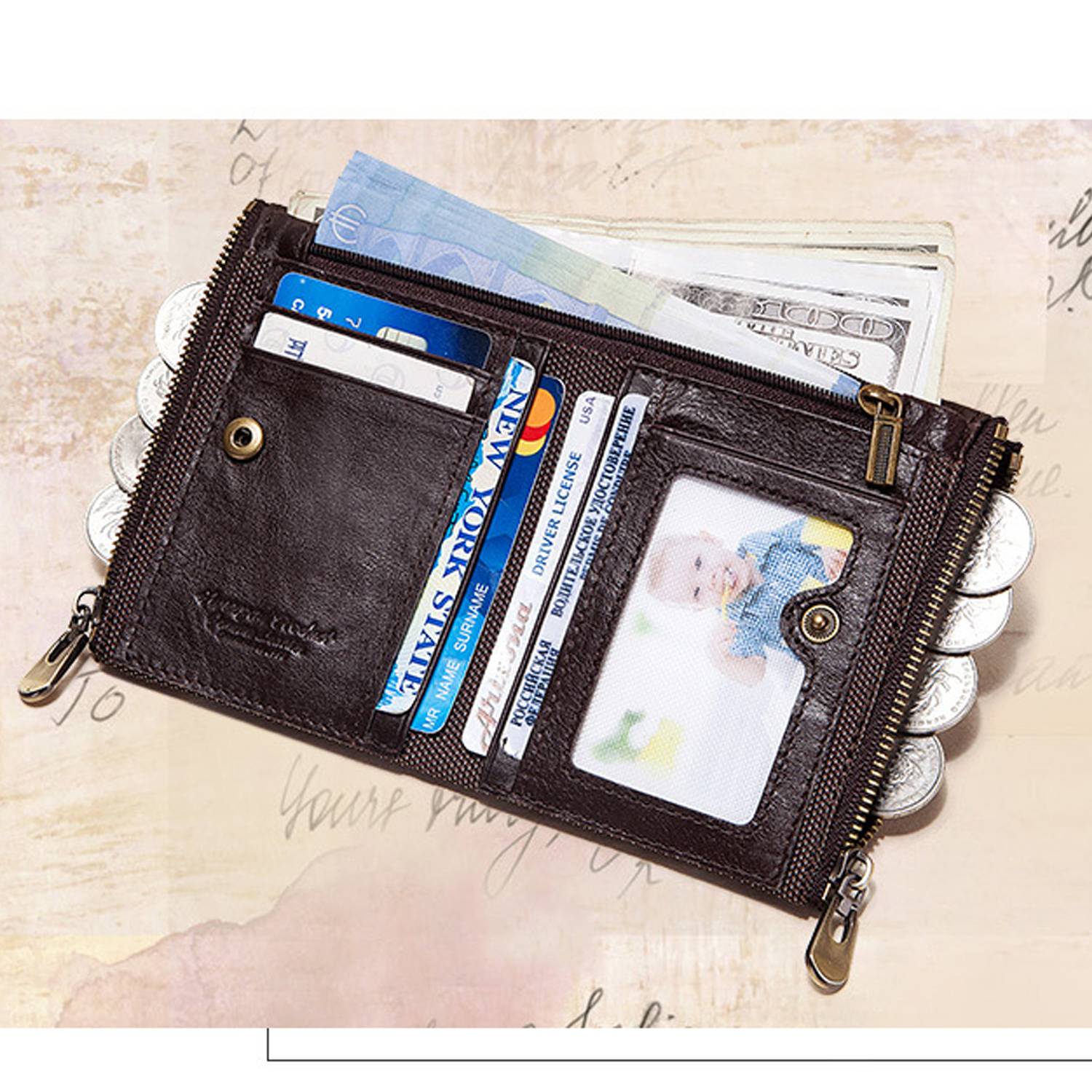 Genuine Leather Short Men's Double Zipper Wallet Purse 5
