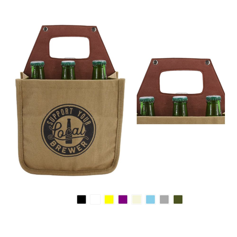 6 Pack Canvas Bottle Cooler w/Leather Handle 3