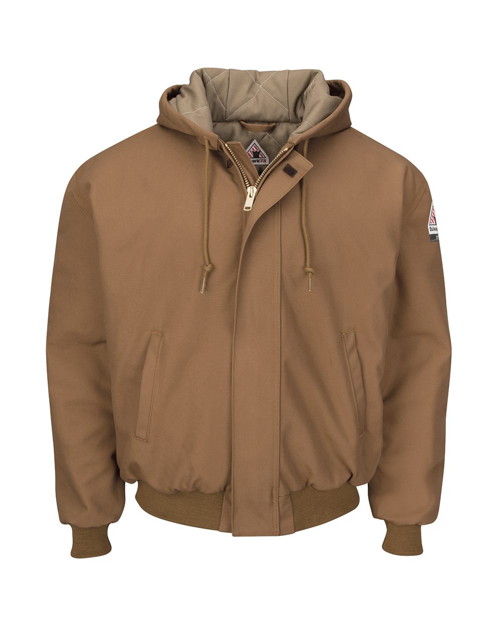 Insulated Brown Duck Hooded Jacket with Knit Trim