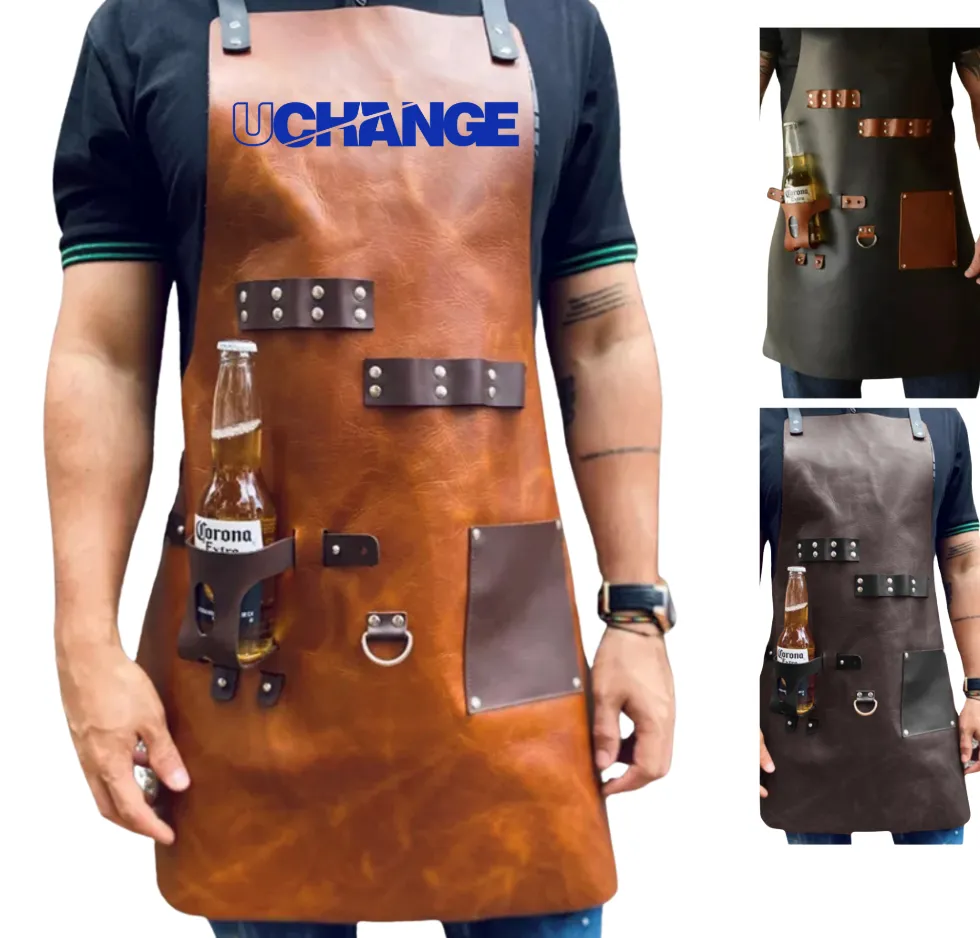 PU Leather BBQ Apron with Bottle Holder & Pockets 2