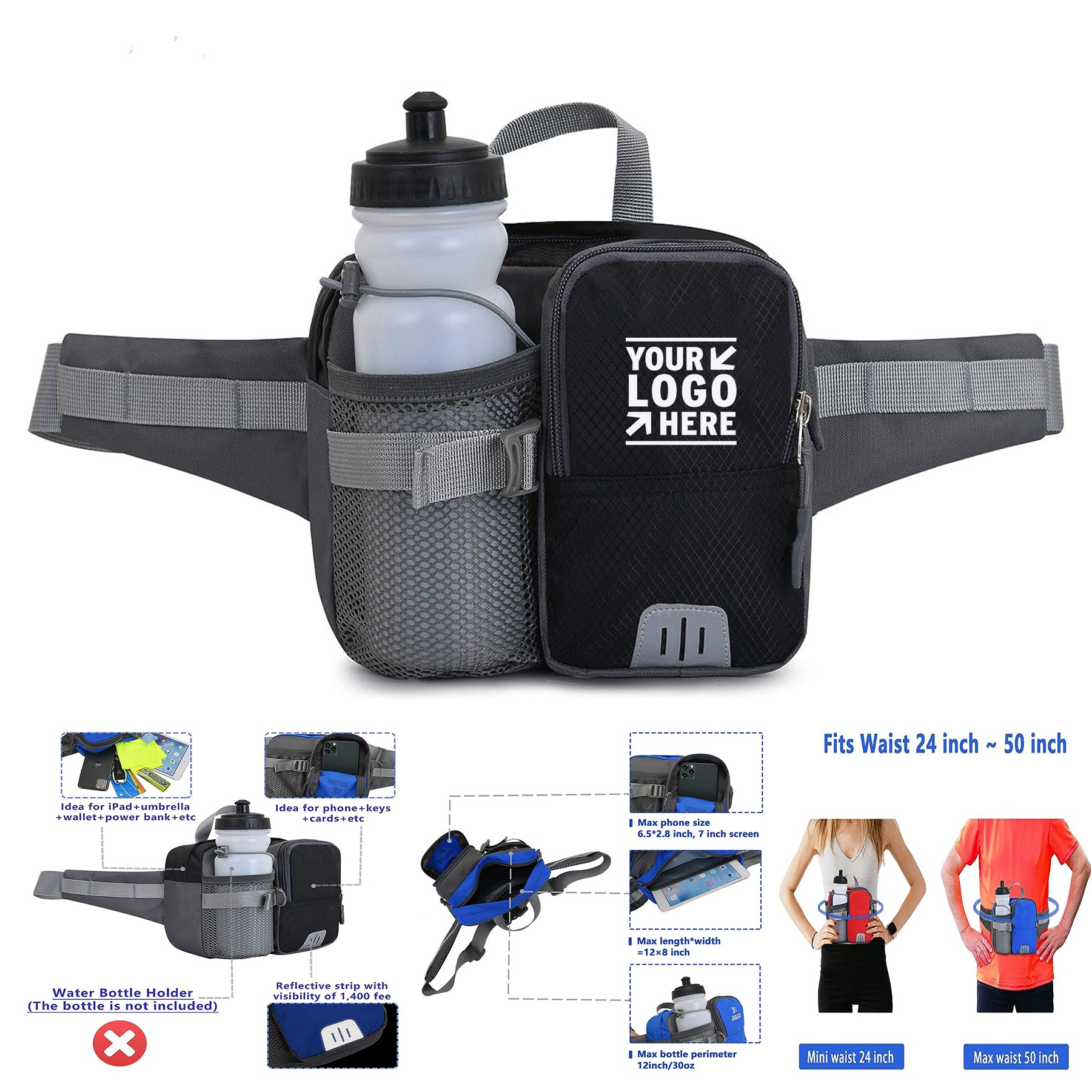 Running Fanny Pack Hiking Waist Belt For 9" Phone With 30oz Water Bottle Holder Reflective Strip 2