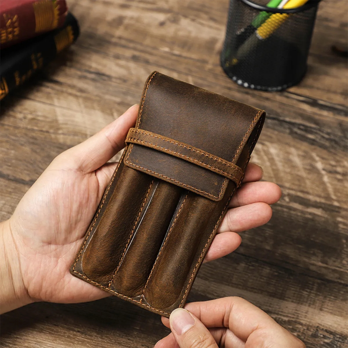 Genuine Leather Pen Case with Alloy Snap Buttom 2