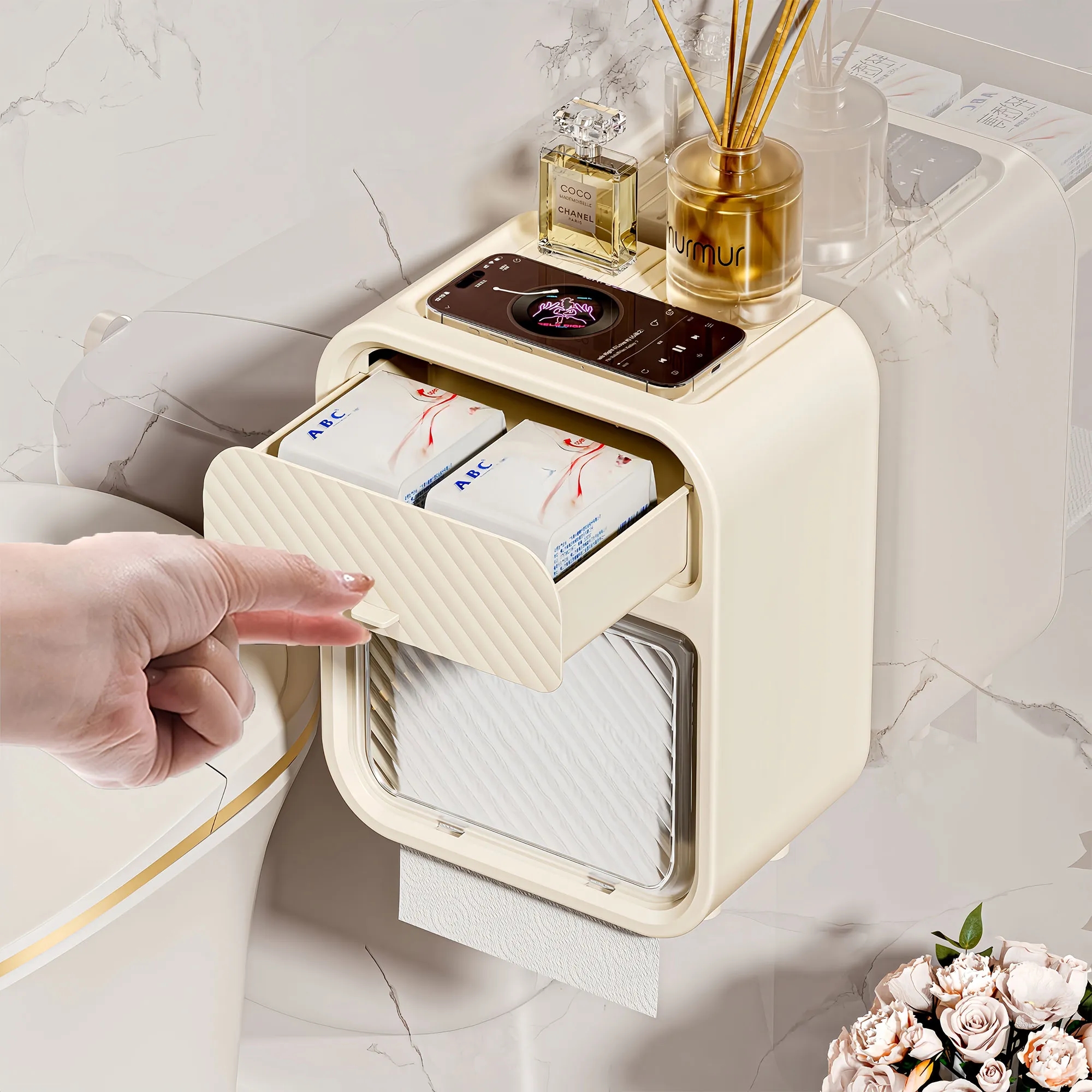 Premium Waterproof Wall Mounted Tissue Holder No Drill 5