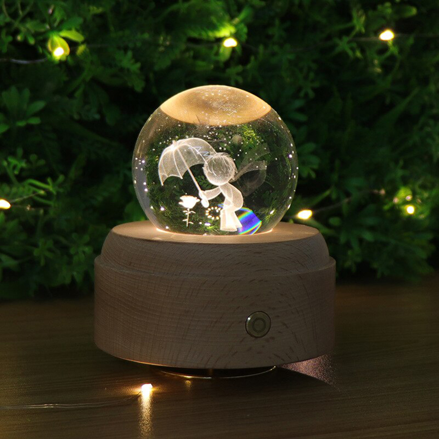 3D LED Night Light And Crystal Ball Music Box With Wooden Base 4