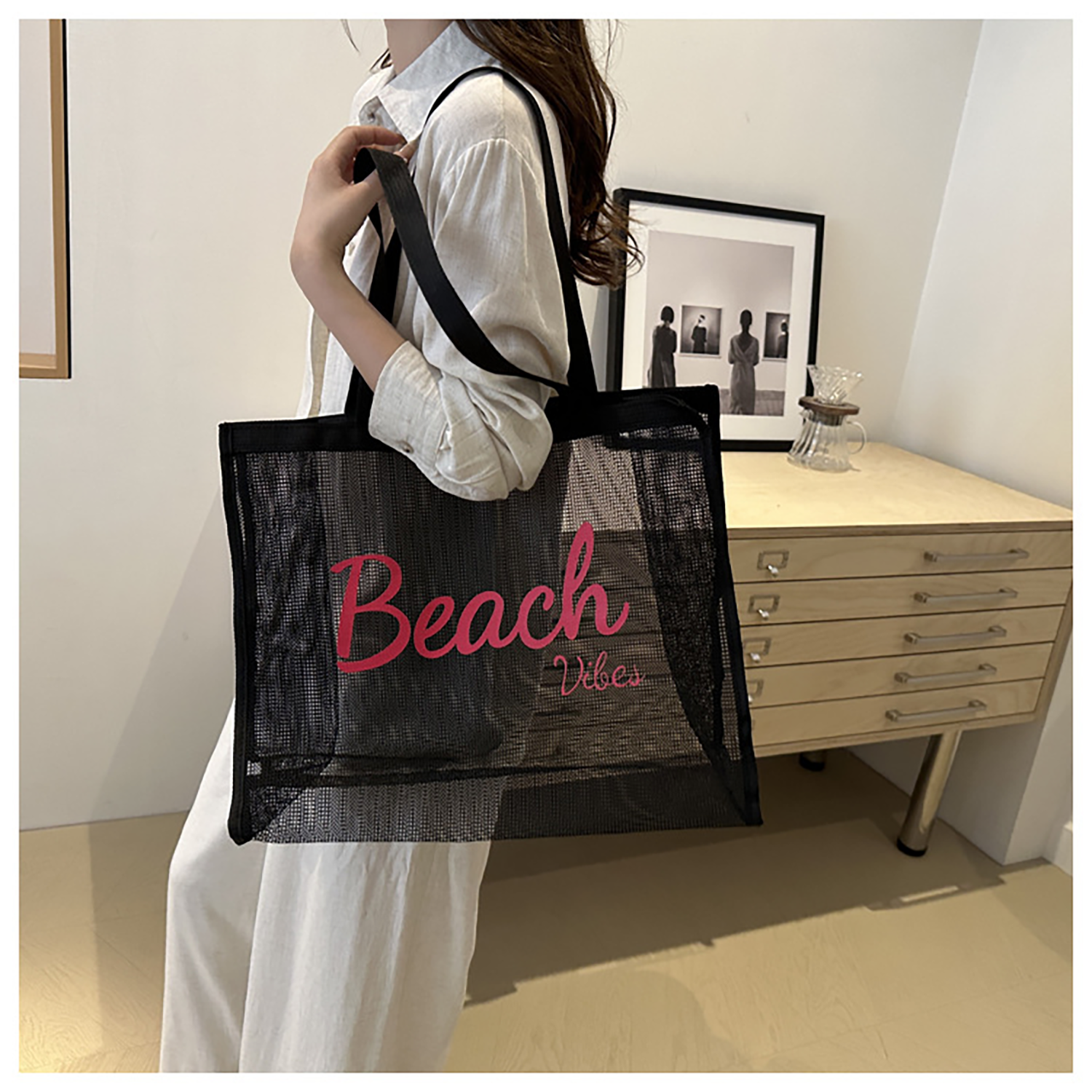 Large Capacity Sheer Mesh Beach Tote Bag, custom tote bag with logo imprint 3