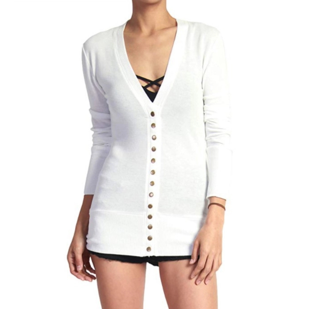 Women's Long Sleeve Snap Button Down Knit Neckline Cardigans 5