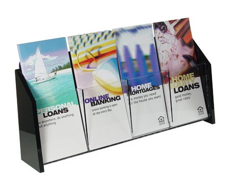 Wall Mount Brochure Holder Clear w/Black Ends 1-tier 4 pockets