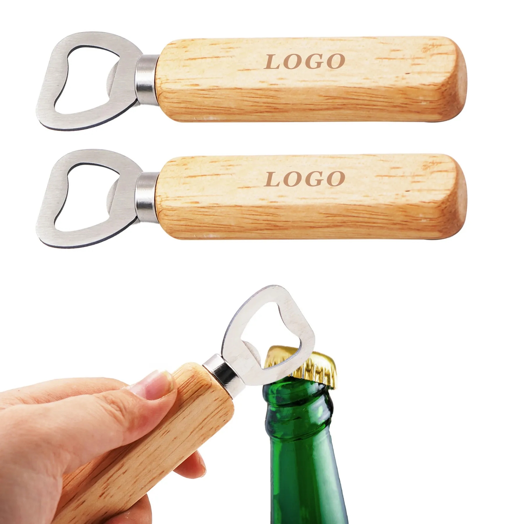 Bartender Wooden Handle Stainless Steel Beer Bottle Openers 4