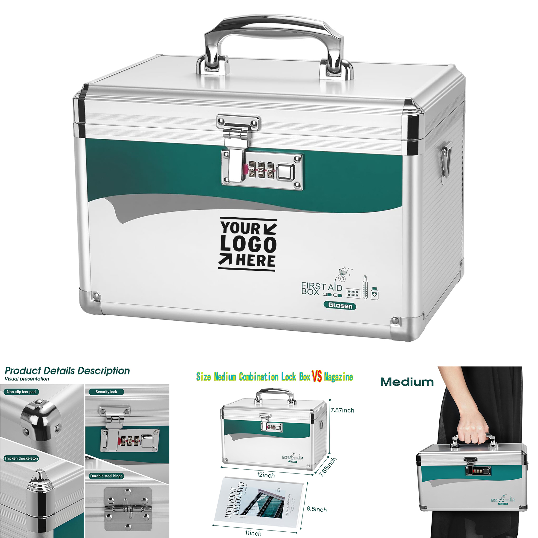 12 x 7.68 x 7.87 Inch Medication Organizer Medicine Lock Box with Combination Safe Lock 2