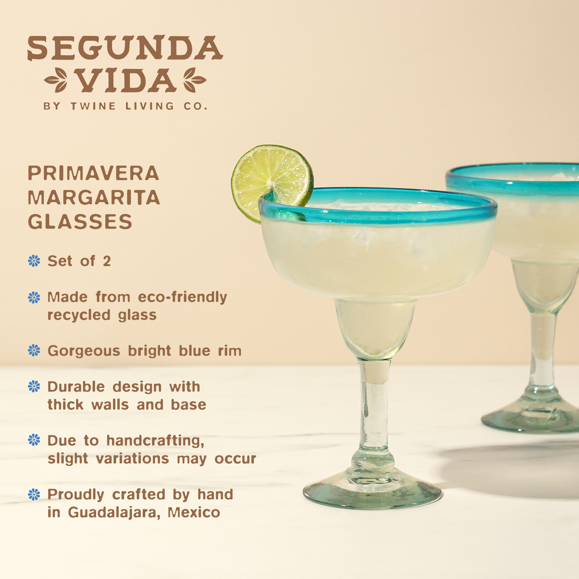 Twine Living® Primavera Recycled Margarita Glass, set of 2 9