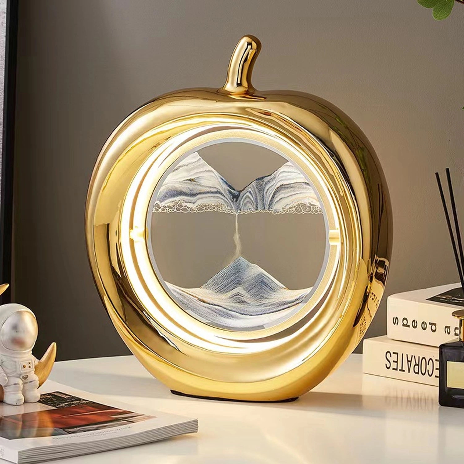 Apple-Shaped Moving Sandscapes With Led Light Table Lamp 3