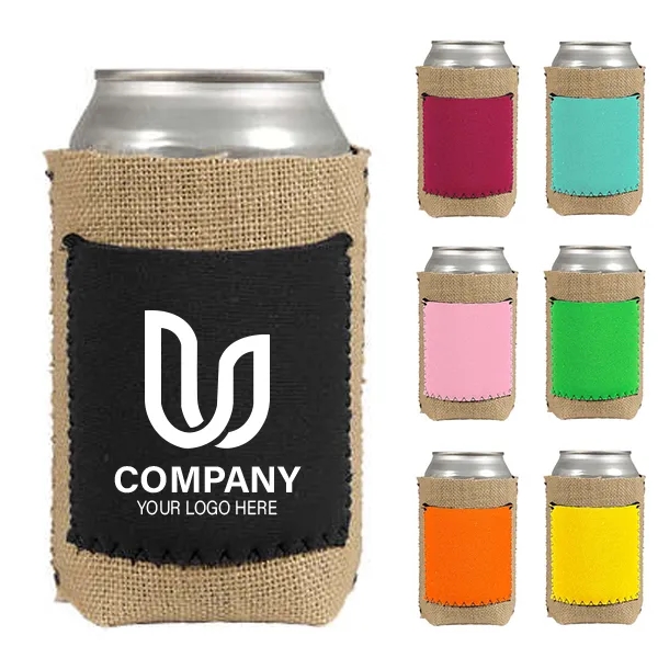Burlap Can Cooler with Neoprene Pocket, custom can cooler with logo imprint 5