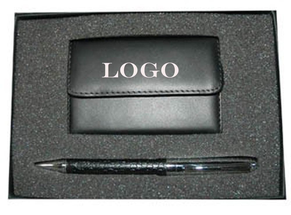 Genuine Leather Business Card Holder w/ Ballpoint Pen. 1