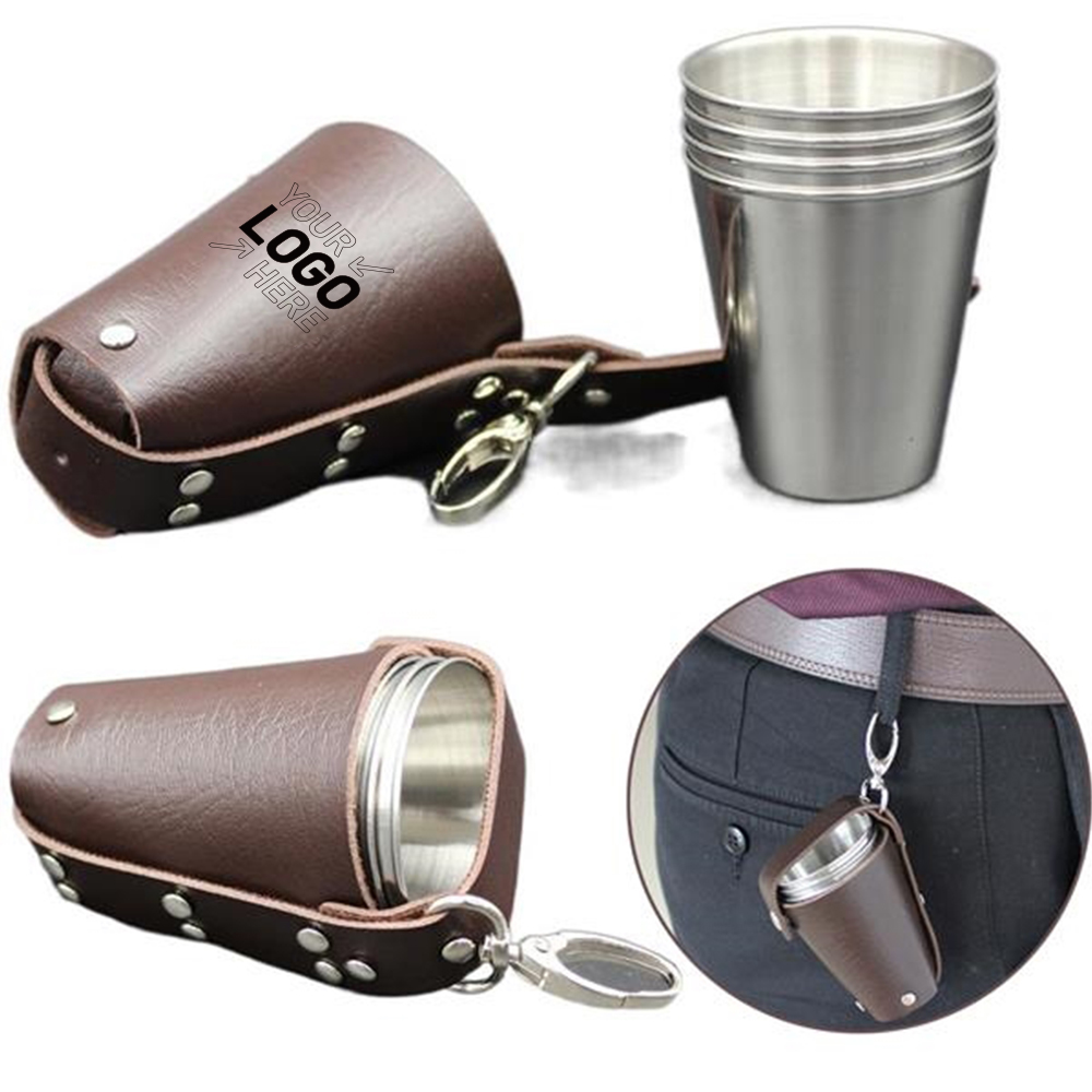4 Stainless Steel Cups With Leather Holder Keychain 2