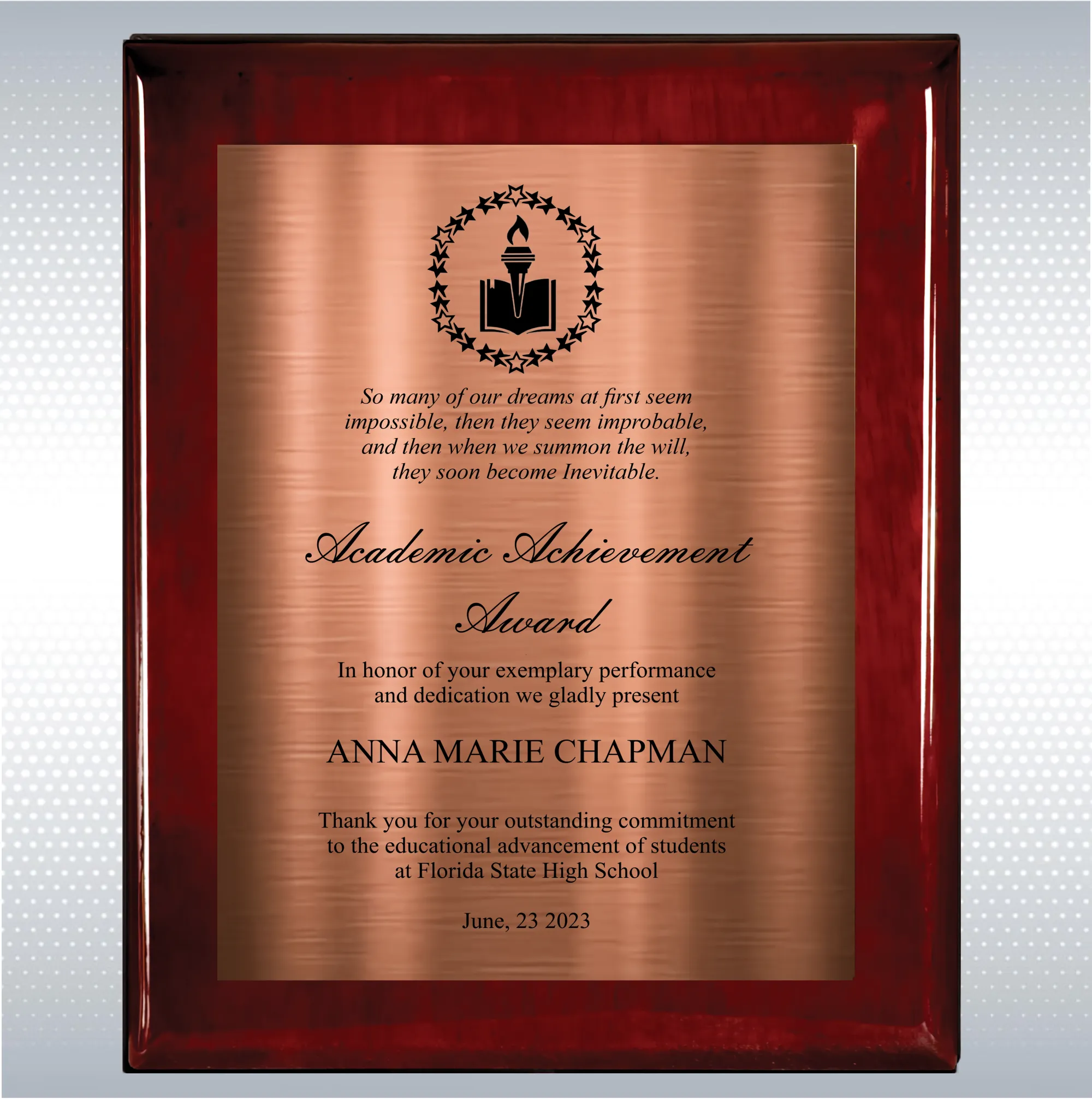 Rosewood Piano Finish Wood Plaque Academic Achievement 10