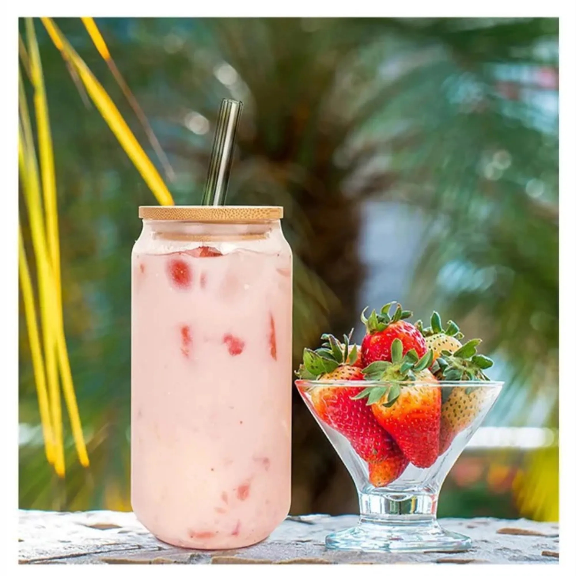 4-Piece Glass Cup Set With Bamboo Straw And Lid, With Brush 1