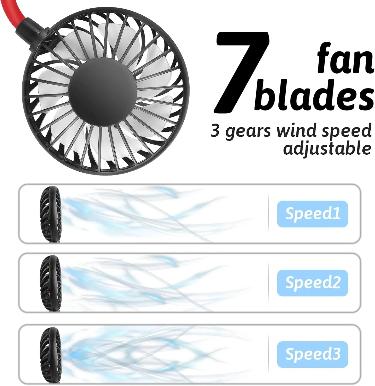 Portable Neck Fan 2500 mAh Rechargeable USB Hands-Free 6