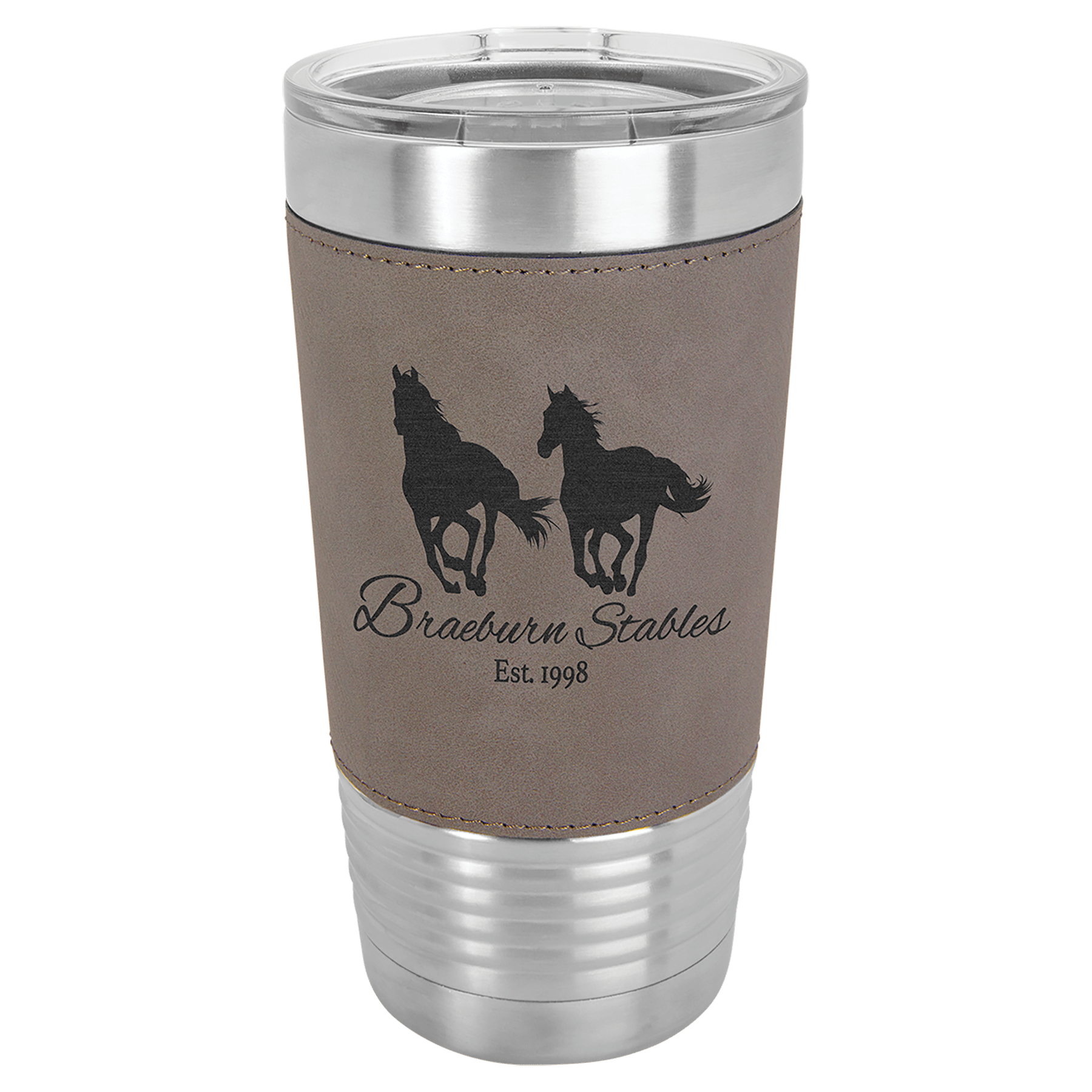 20 Oz. Light Brown Laserable Leatherette Tumbler With Clear Lid 10