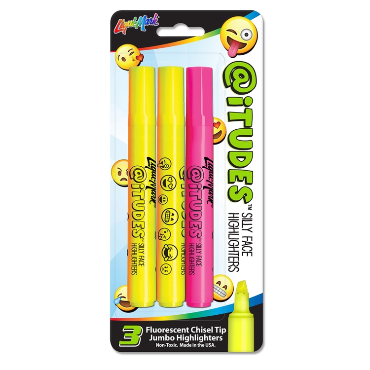 @iTUDES™ 3pk Emoji Silly Face Fluorescent Highlighters, Chisel Tip - USA Union Made