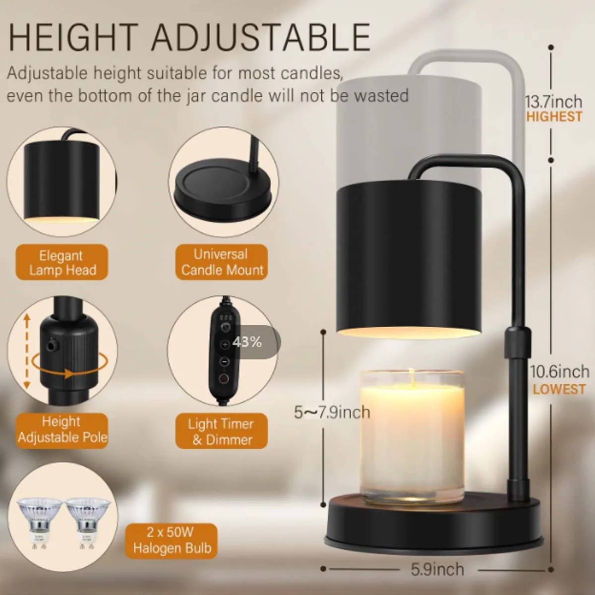 Adjustable Height Candle Wax Warmer Lamp with 2 Bulbs 5