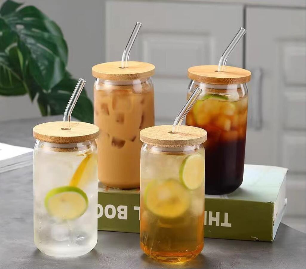 16 Oz Can Shaped Glass Cup with Bamboo Lids and Glass Straw 2