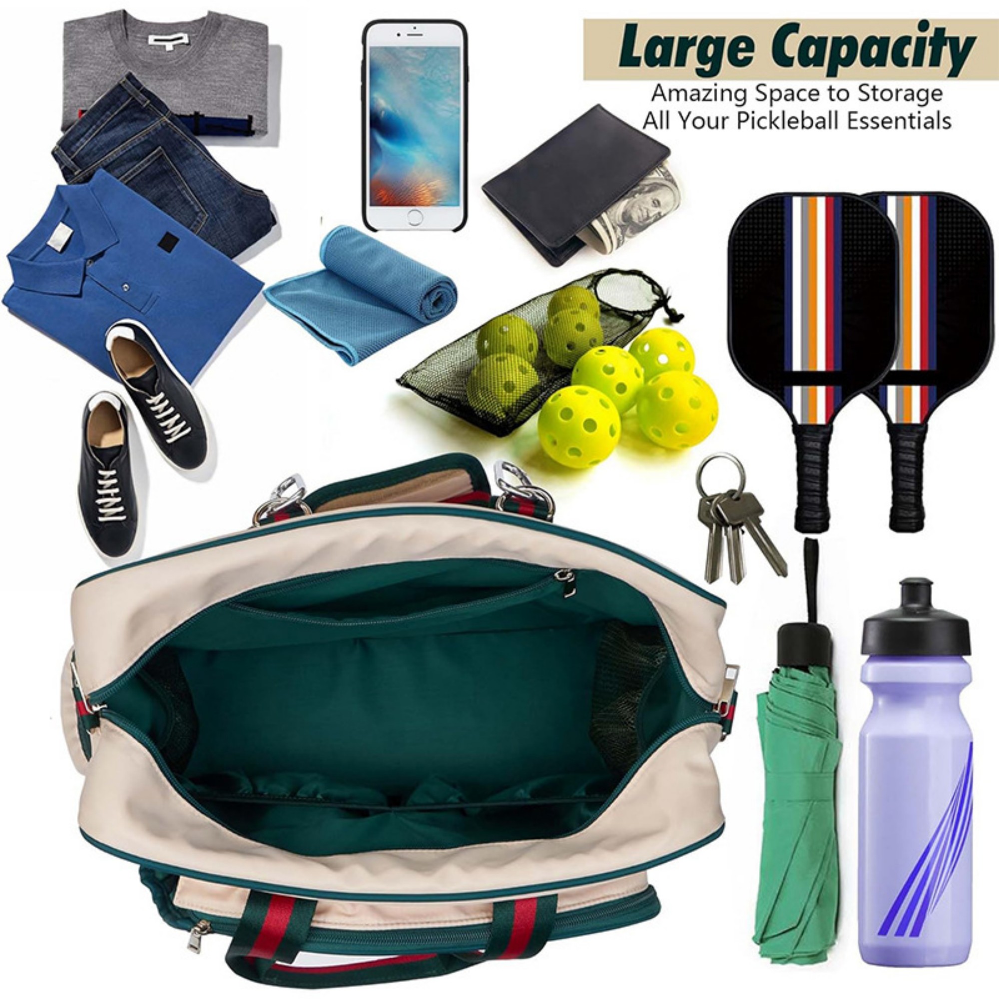 Pickleball Bag Tote With Front Pocket Fits 2 Paddles 7