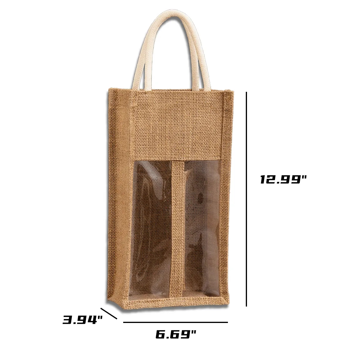 Natural Jute Wine Tote Gift Bag with Dividers Double Window, custom tote bag with logo imprint 5