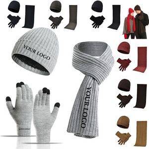Warm Winter Hat Long Neck Scarf Touch Screen Gloves Set 4